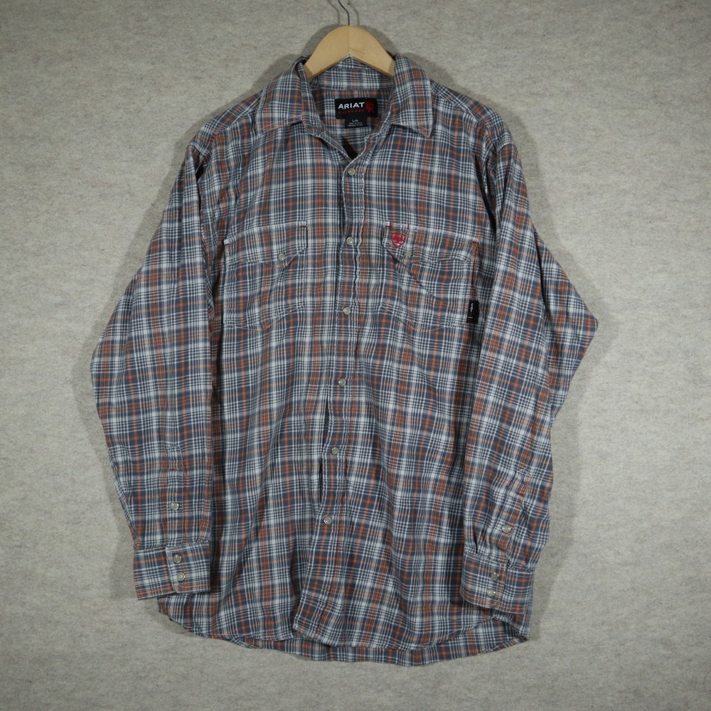 Ariat FR Mens Large Plaid Pearl Snap Work Shirt Grey Orange Flame Resistant CAT2